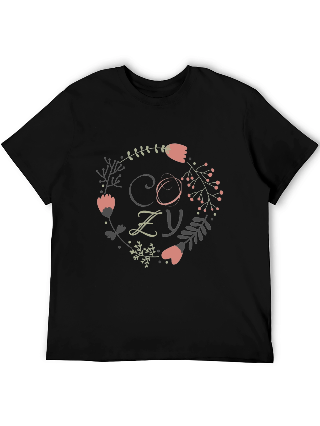 Cozy Floral Wreath Graphic Tee - Black