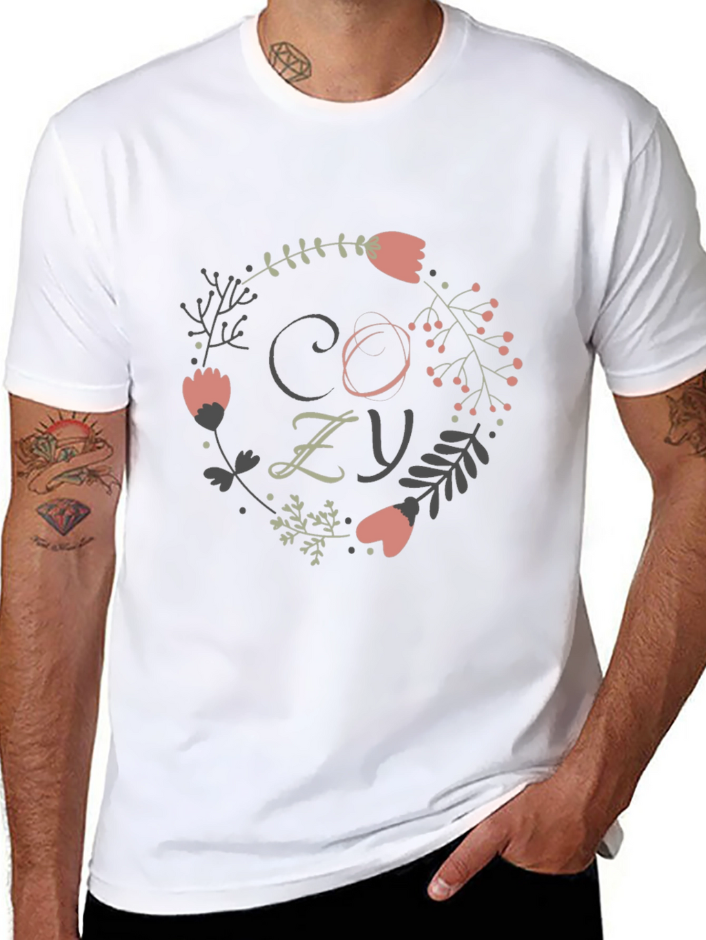 Cozy Floral Wreath Graphic Tee - Black