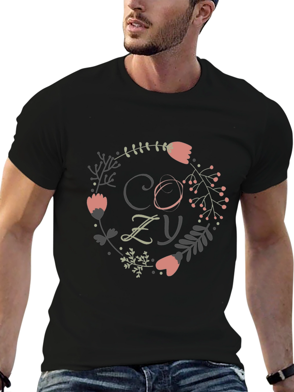 Cozy Floral Wreath Graphic Tee - Black