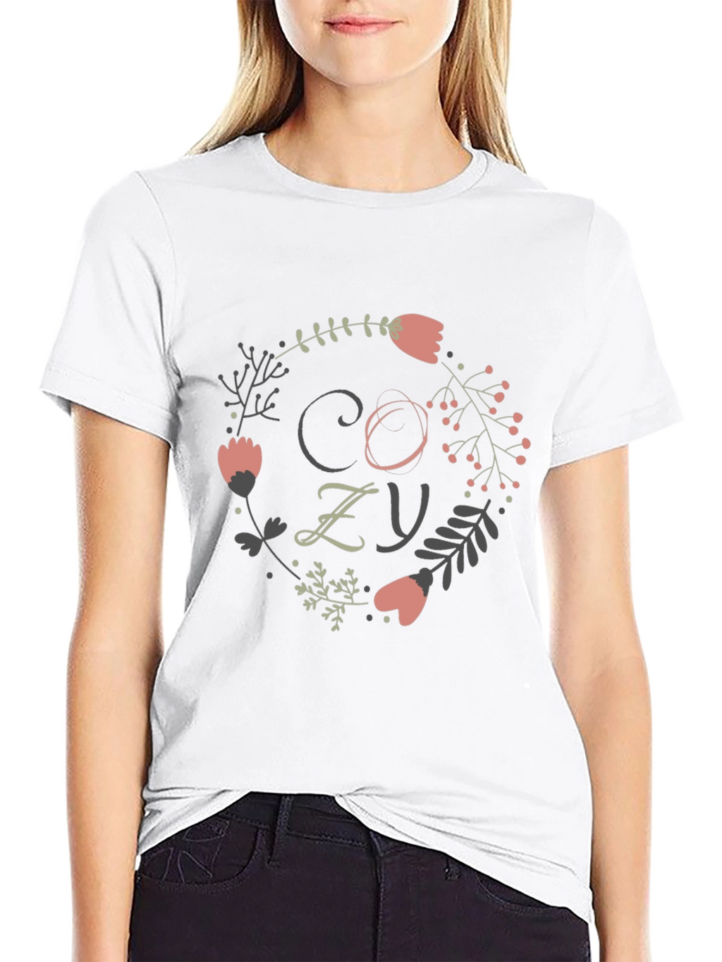 Cozy Floral Wreath Graphic Tee - Black