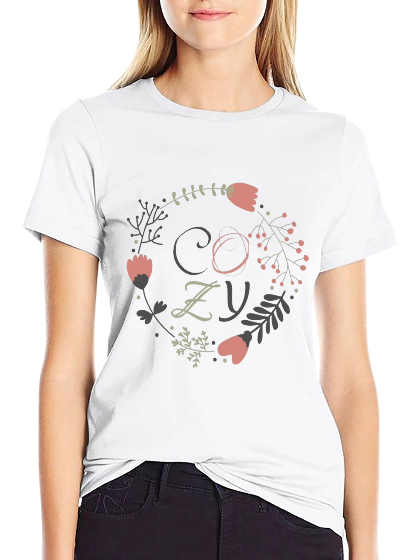 Cozy Floral Wreath Graphic Tee - Black