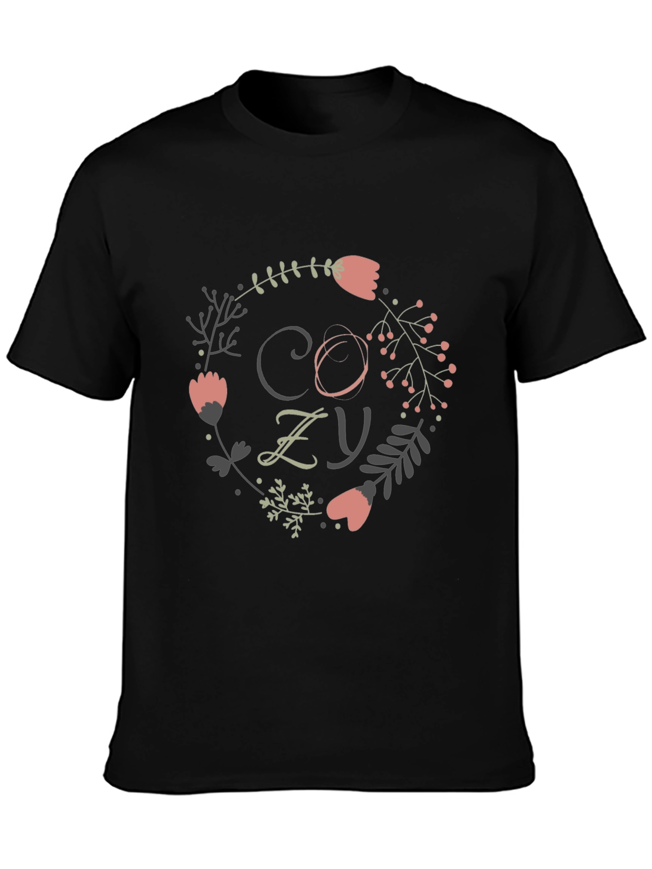 Cozy Floral Wreath Graphic Tee - Black