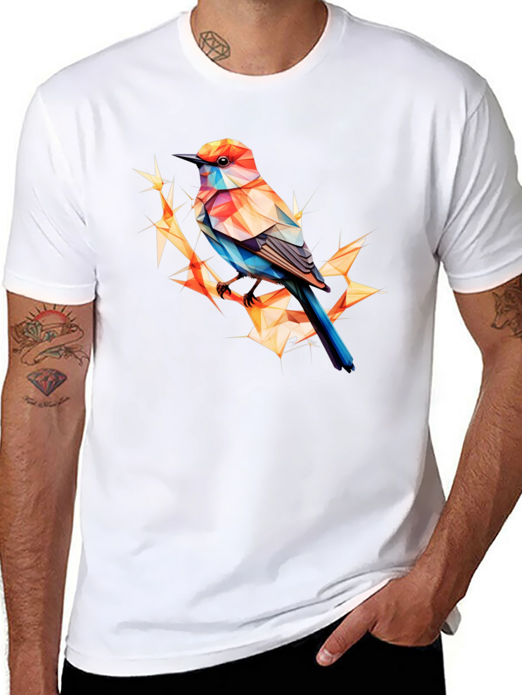 Geometric Bird Print Black T-Shirt