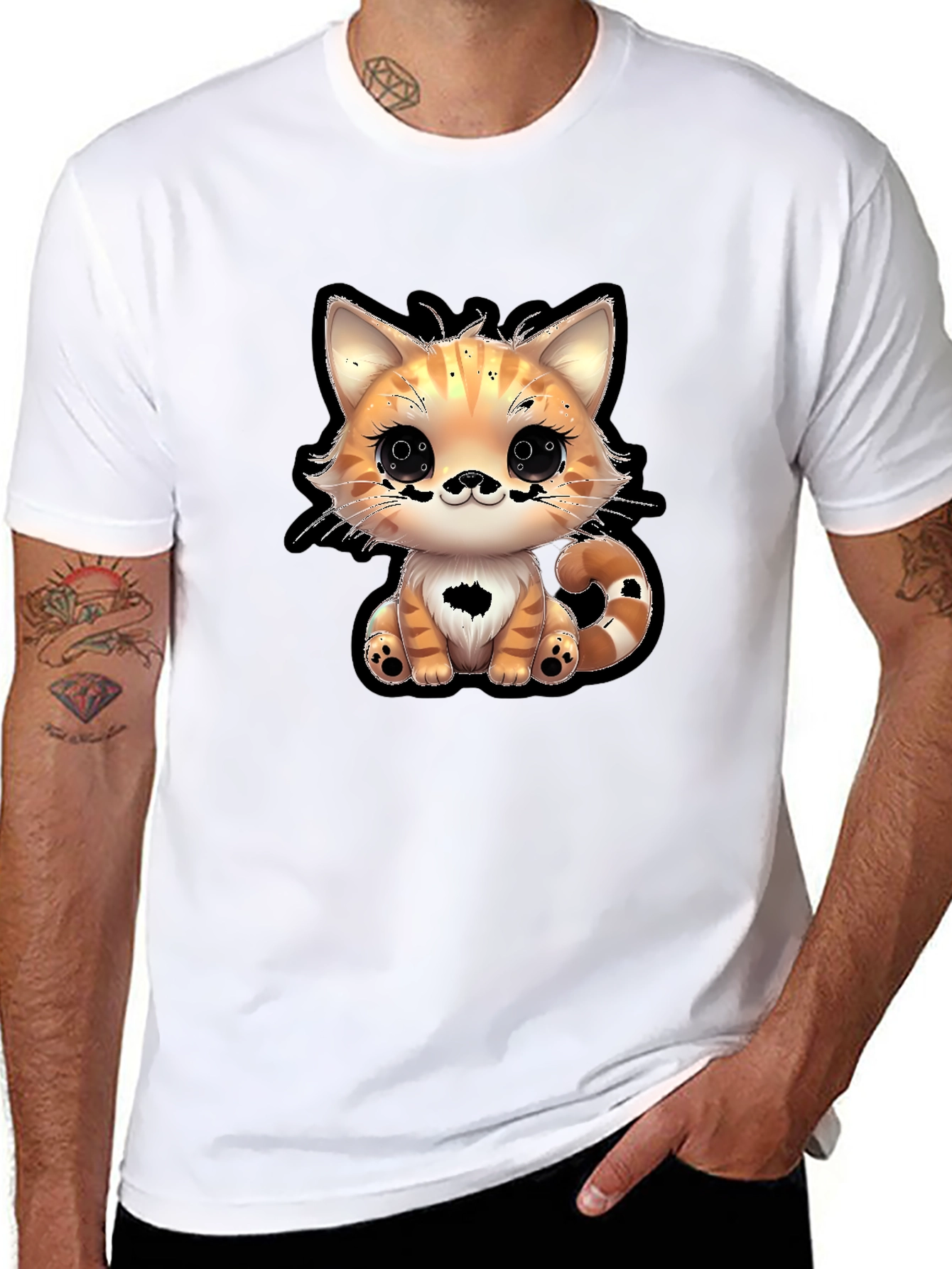 Cute Cartoon Cat Graphic Tee - Black