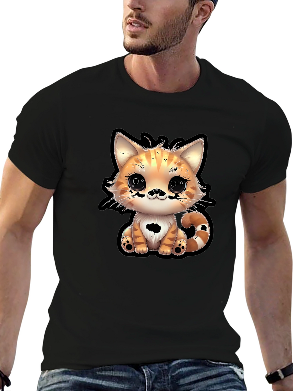Cute Cartoon Cat Graphic Tee - Black