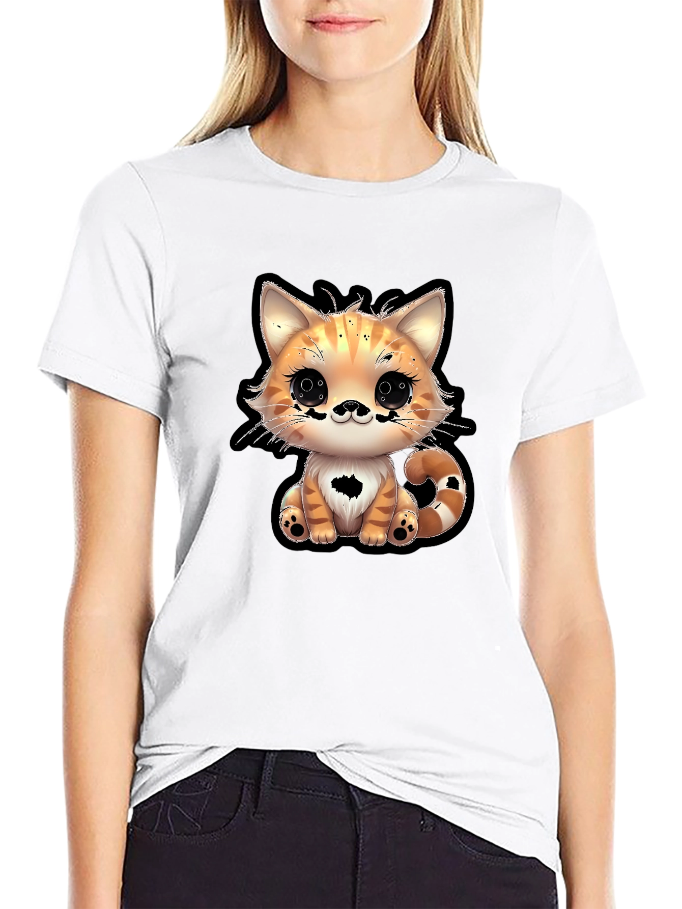 Cute Cartoon Cat Graphic Tee - Black