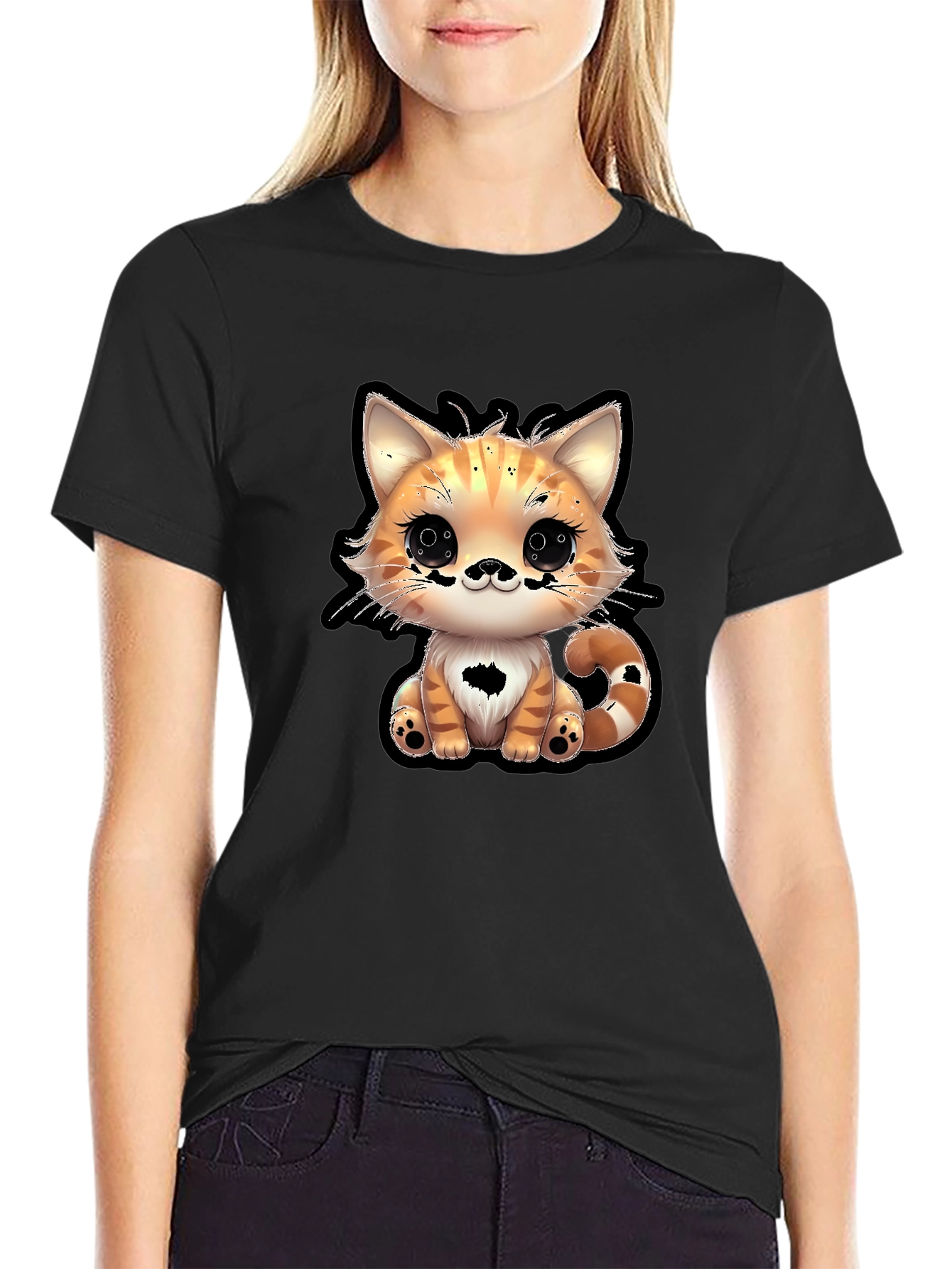 Cute Cartoon Cat Graphic Tee - Black