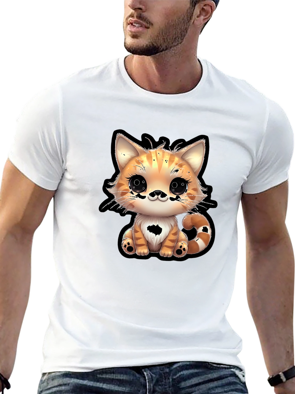 Cute Cartoon Cat Graphic Tee - Black