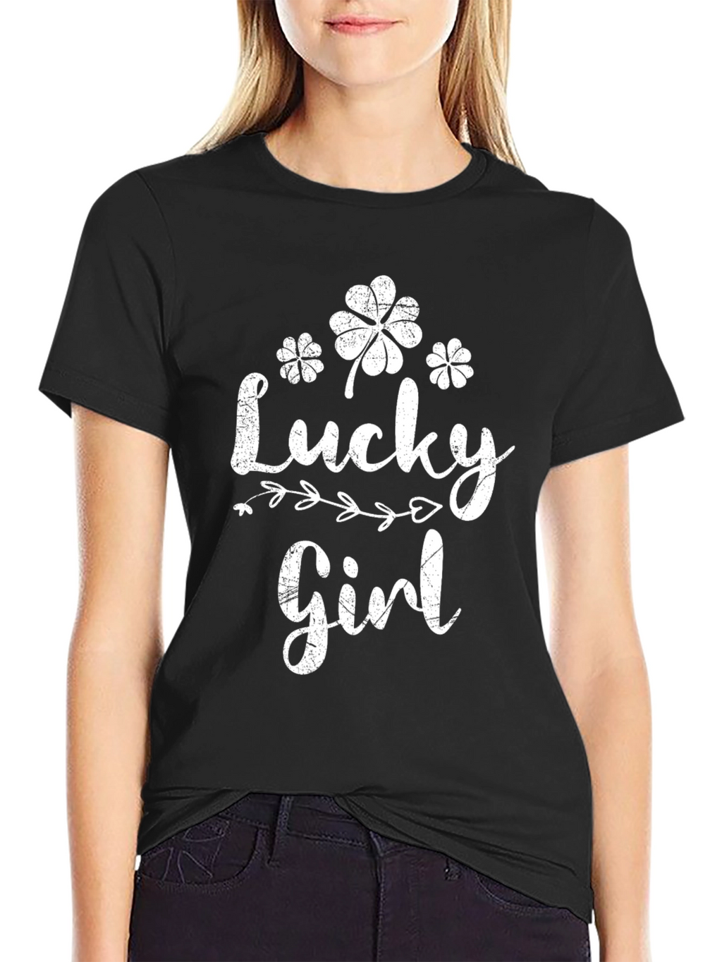 Lucky Girl Black T-Shirt Clover St. Patricks Day Tee
