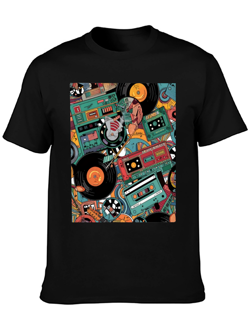 Retro Music Pattern Graphic Tee - Black