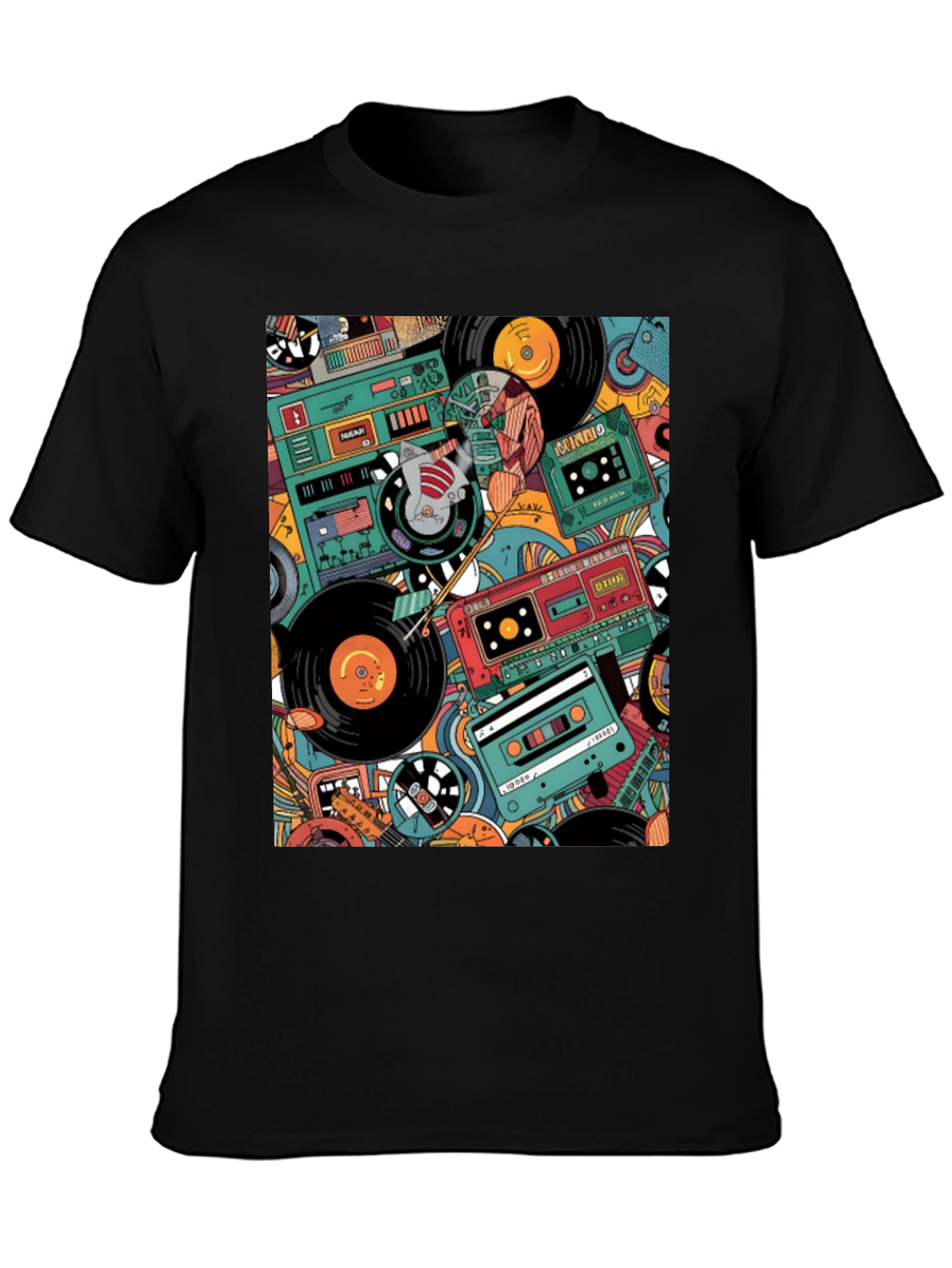 Retro Music Pattern Graphic Tee - Black