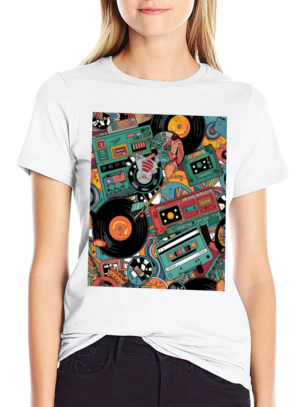 Retro Music Pattern Graphic Tee - Black