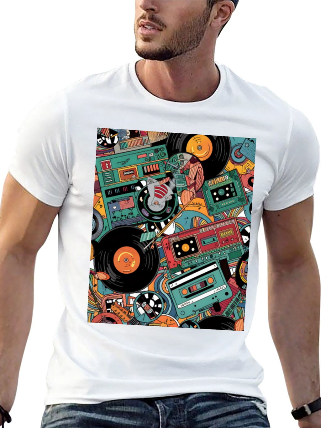 Retro Music Pattern Graphic Tee - Black