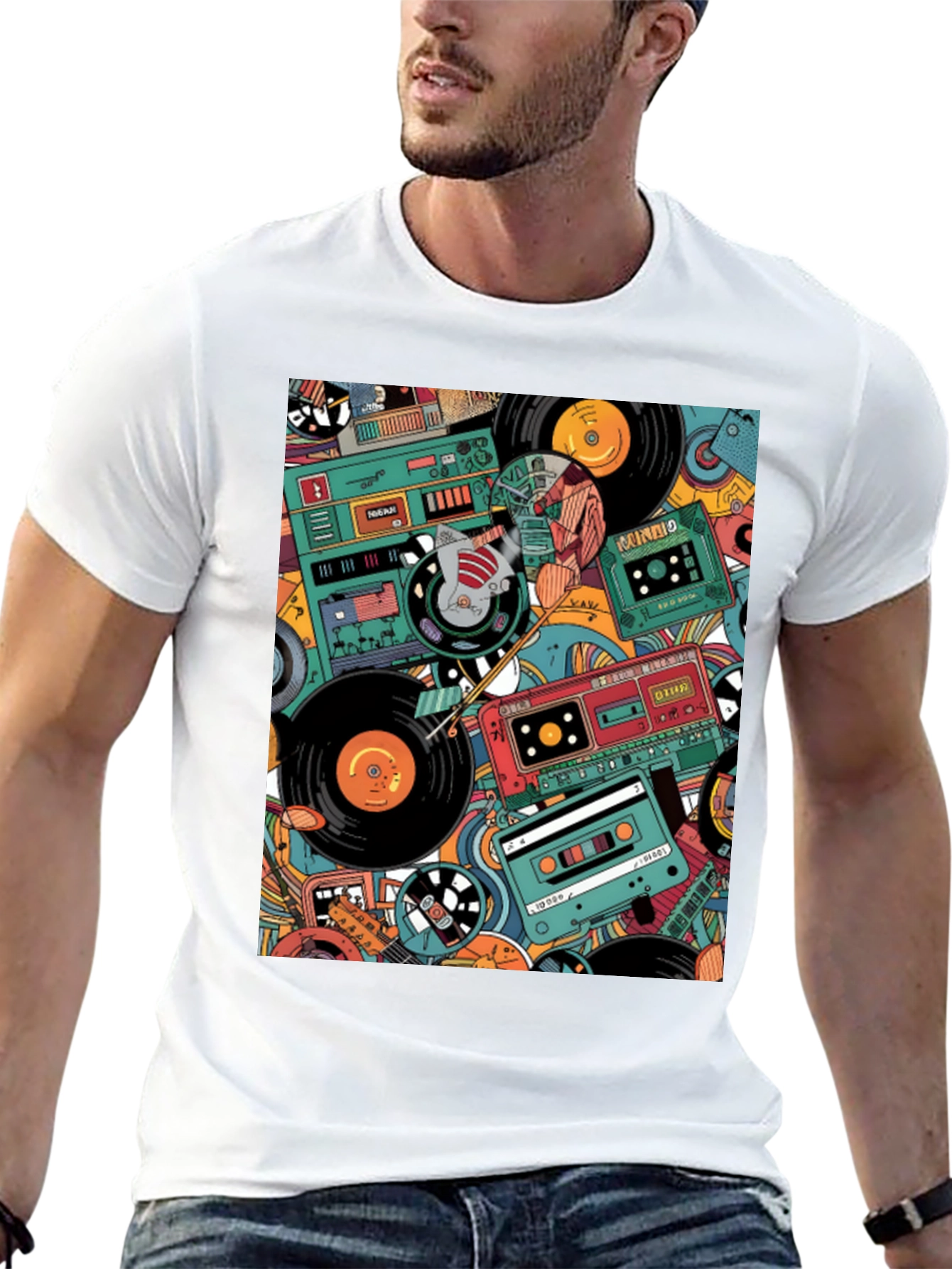 Retro Music Pattern Graphic Tee - Black