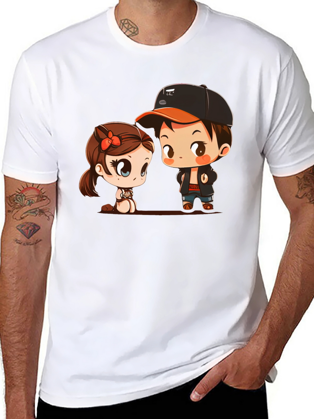 Cute Cartoon Couple Black T-Shirt