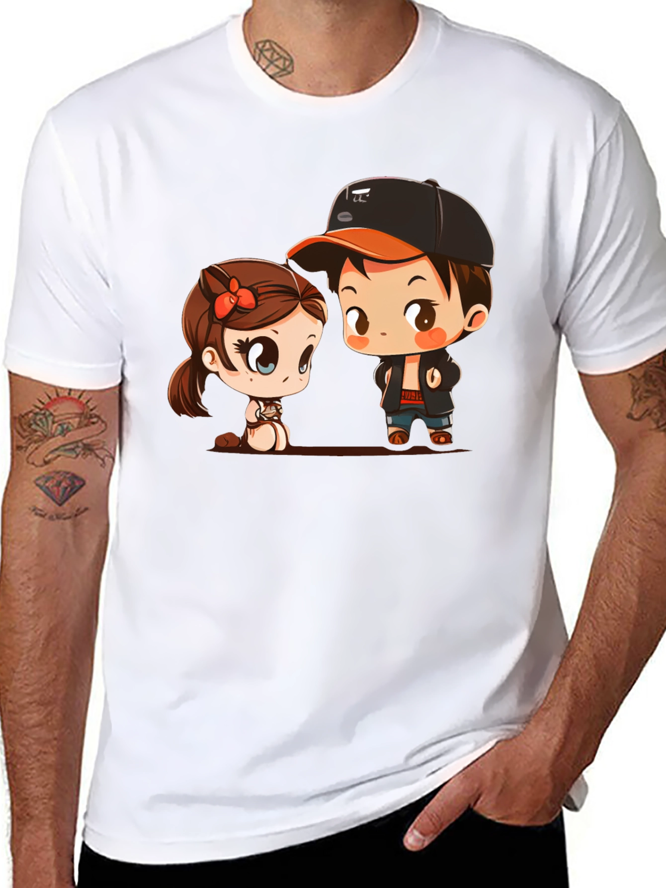 Cute Cartoon Couple Black T-Shirt