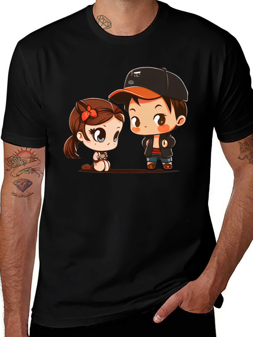 Cute Cartoon Couple Black T-Shirt