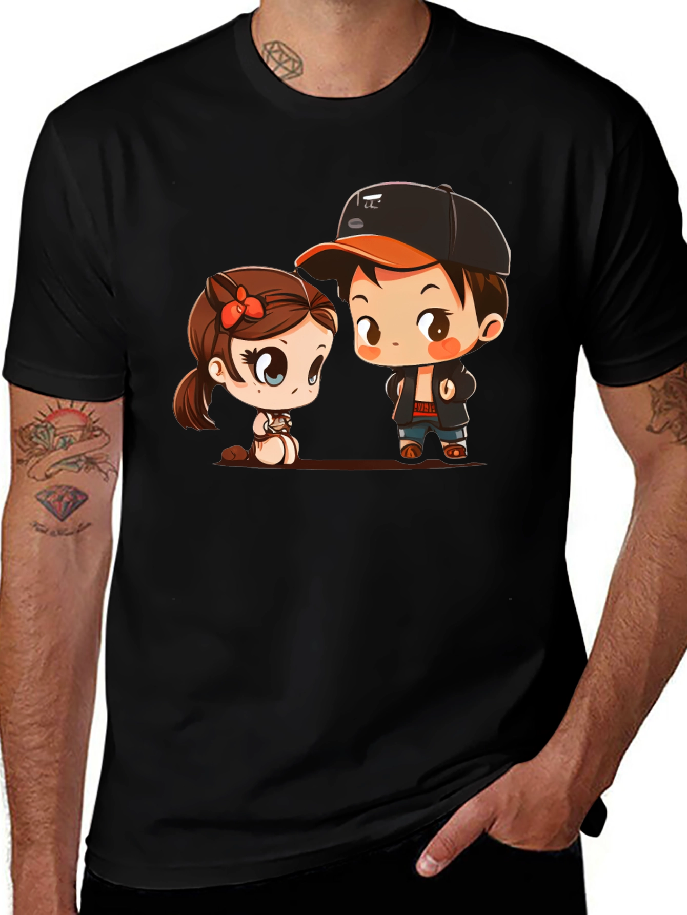 Cute Cartoon Couple Black T-Shirt