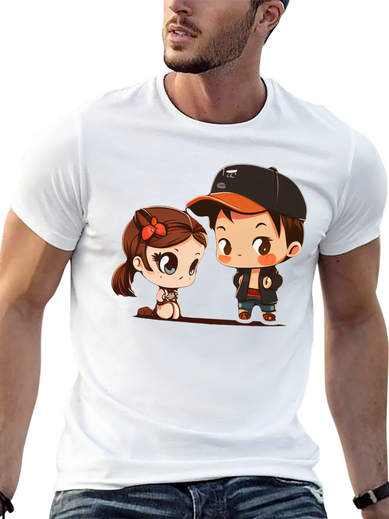Cute Cartoon Couple Black T-Shirt