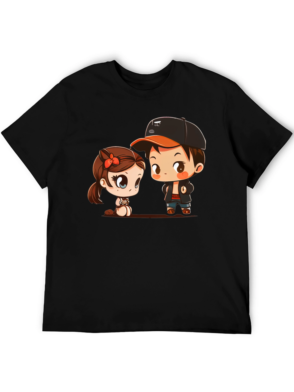 Cute Cartoon Couple Black T-Shirt