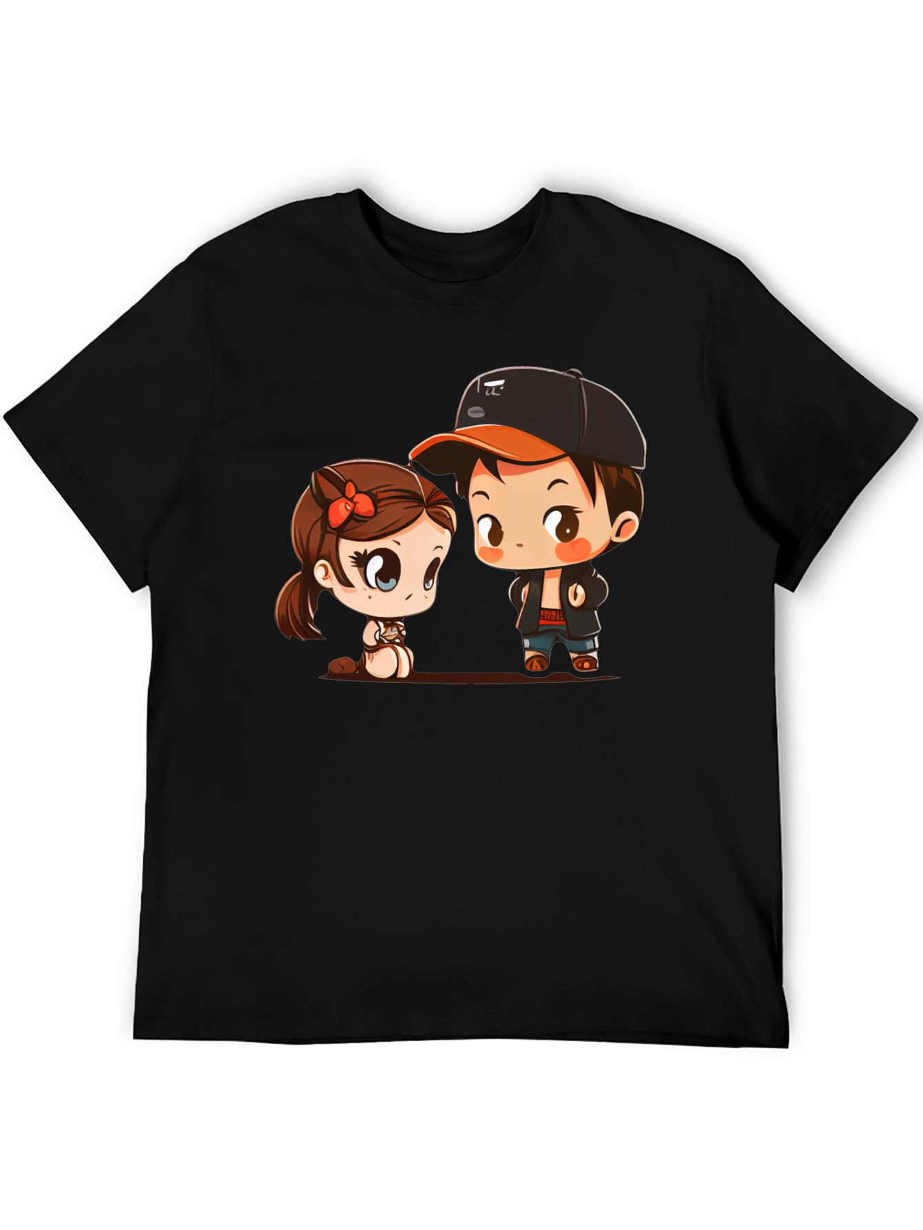 Cute Cartoon Couple Black T-Shirt