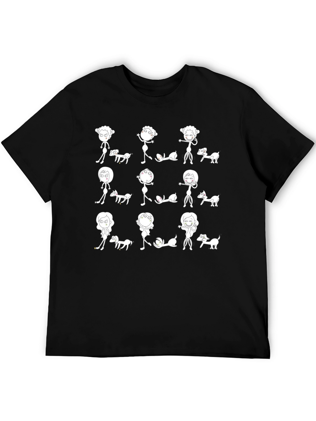Fun Cartoon Dog & Character Print Black T-Shirt