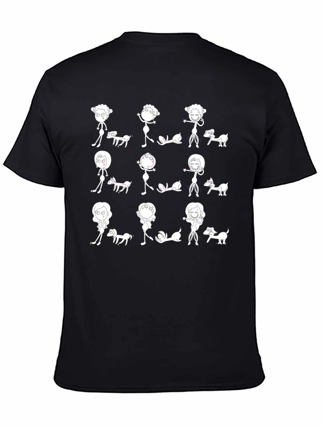 Fun Cartoon Dog & Character Print Black T-Shirt