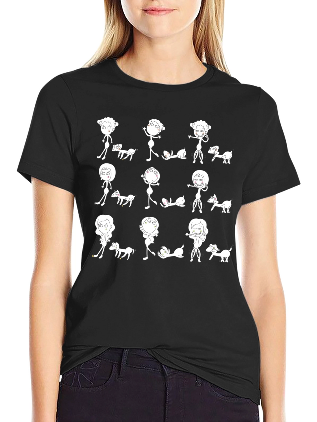 Fun Cartoon Dog & Character Print Black T-Shirt