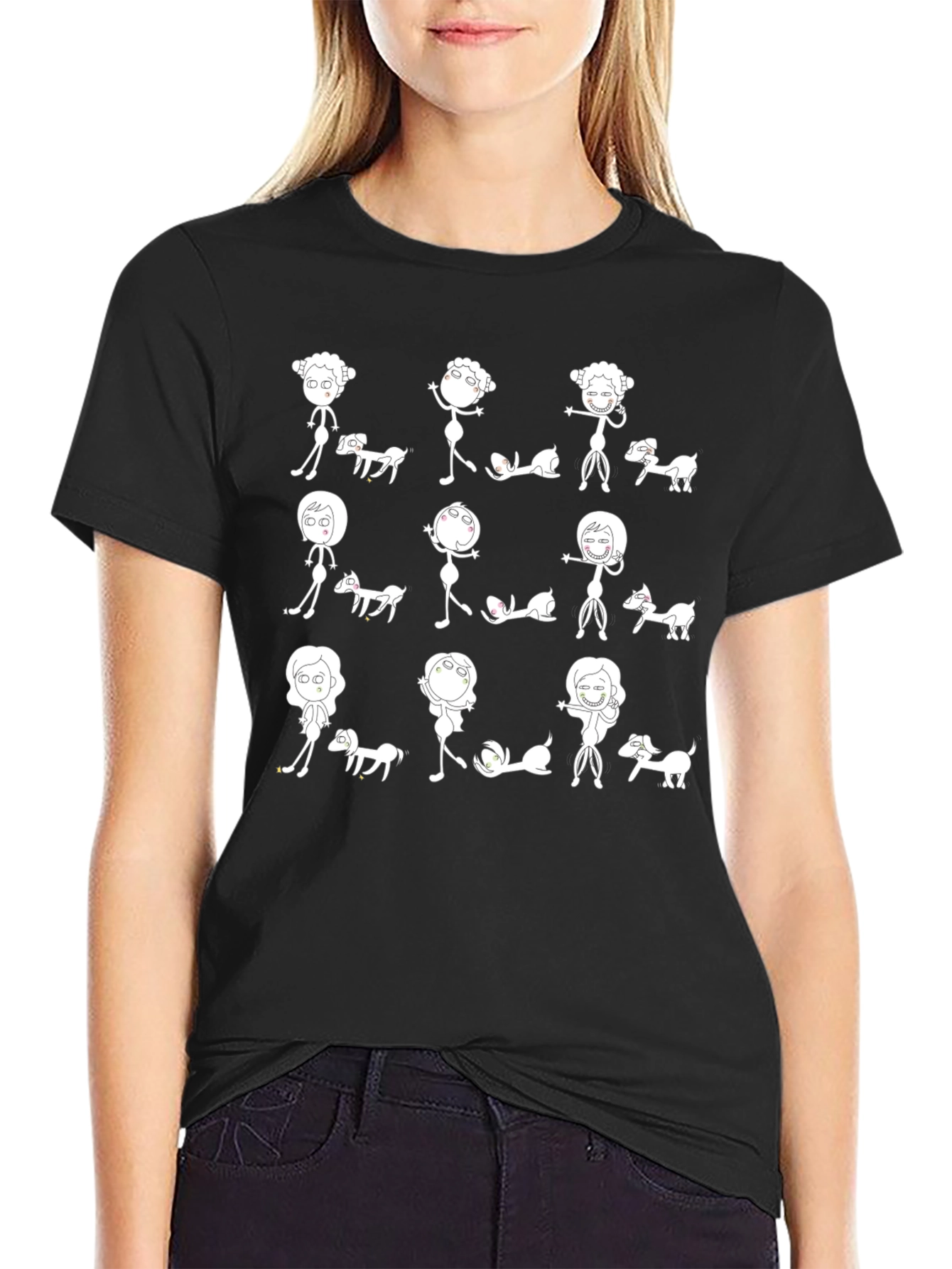 Fun Cartoon Dog & Character Print Black T-Shirt