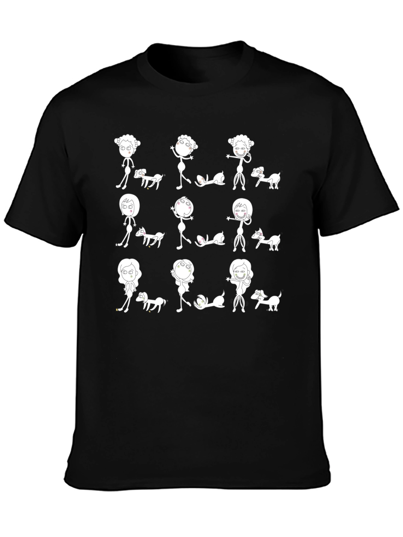 Fun Cartoon Dog & Character Print Black T-Shirt