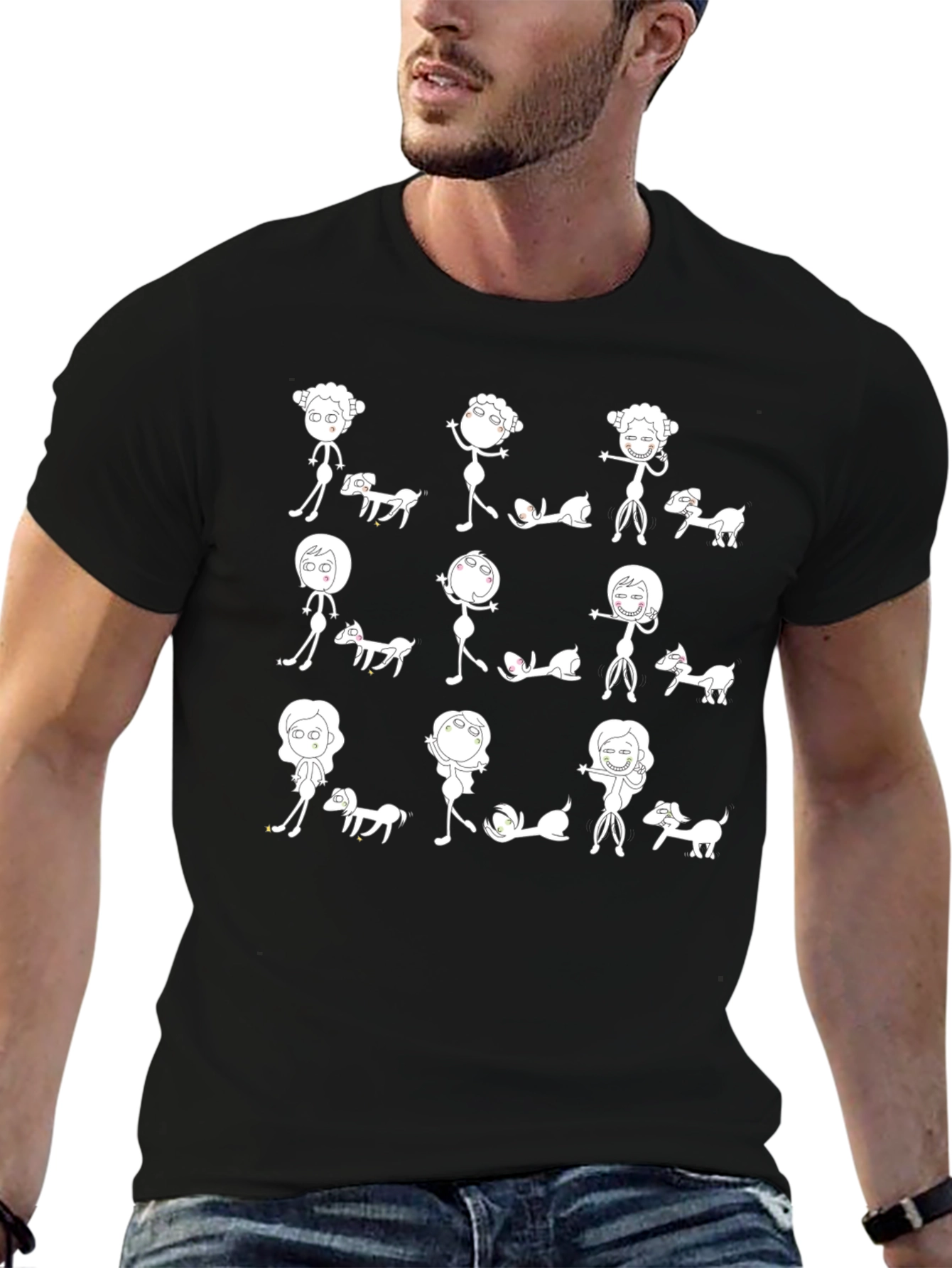 Fun Cartoon Dog & Character Print Black T-Shirt