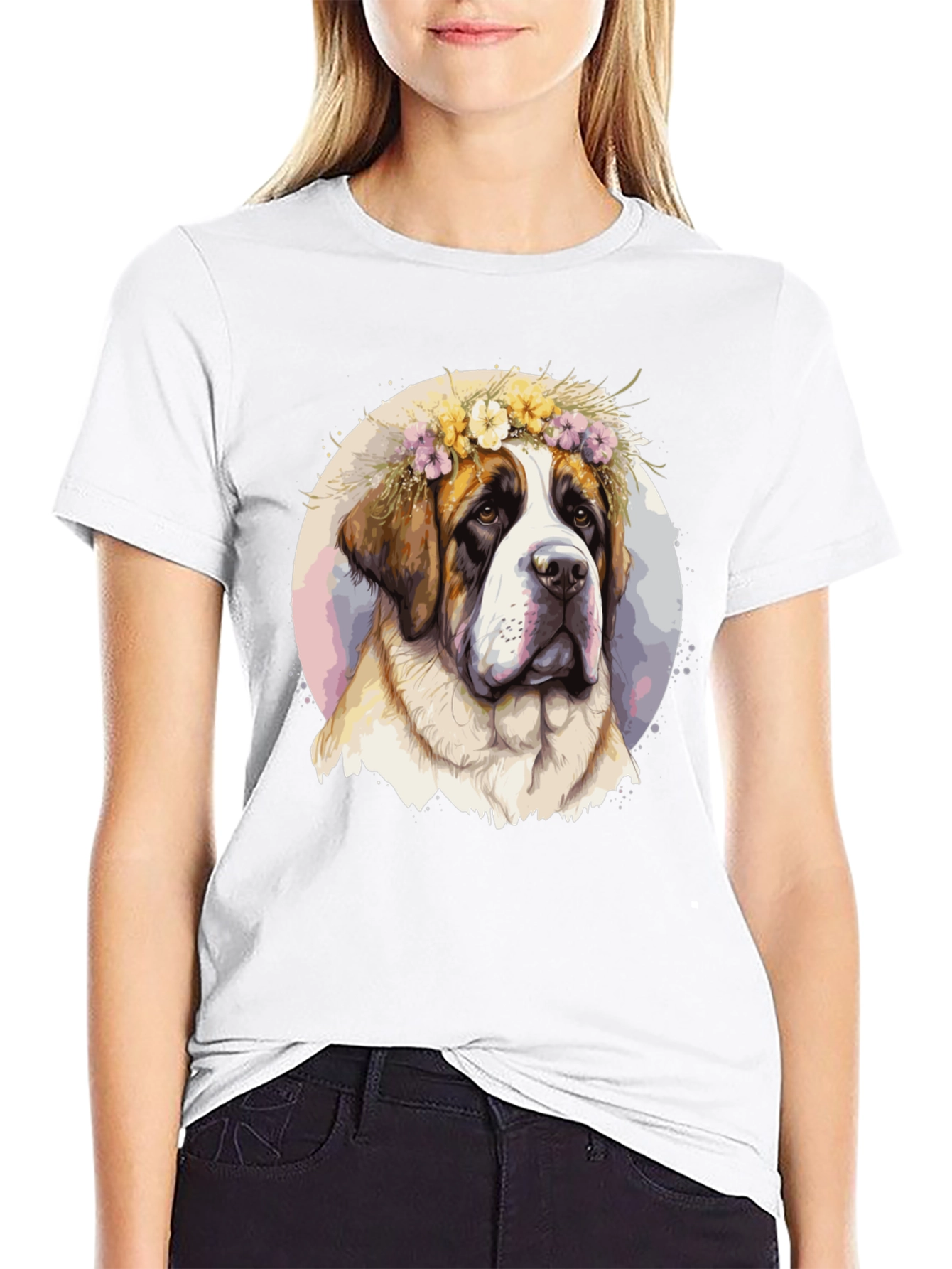 Dog with Flower Crown Black T-Shirt