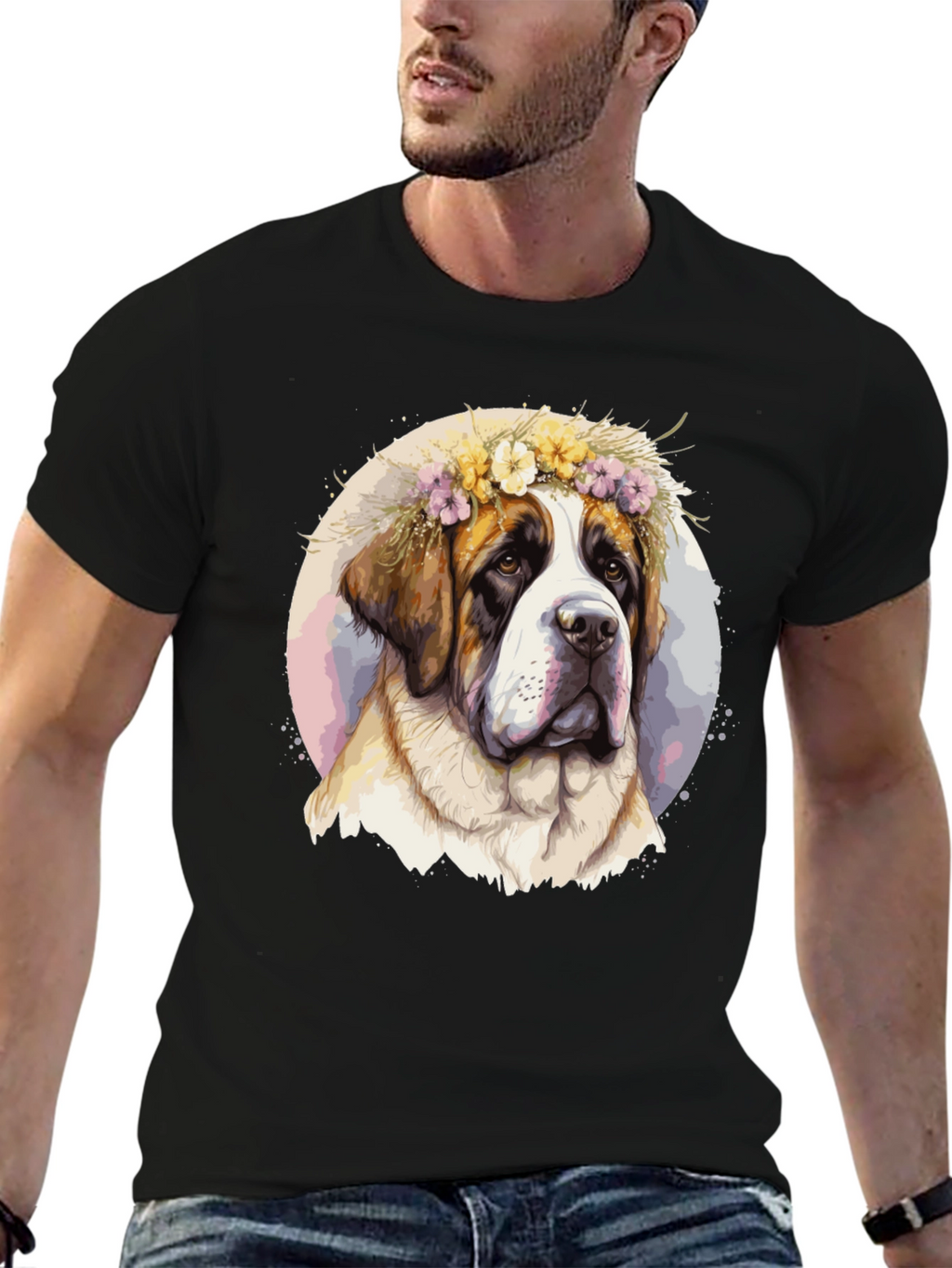 Dog with Flower Crown Black T-Shirt