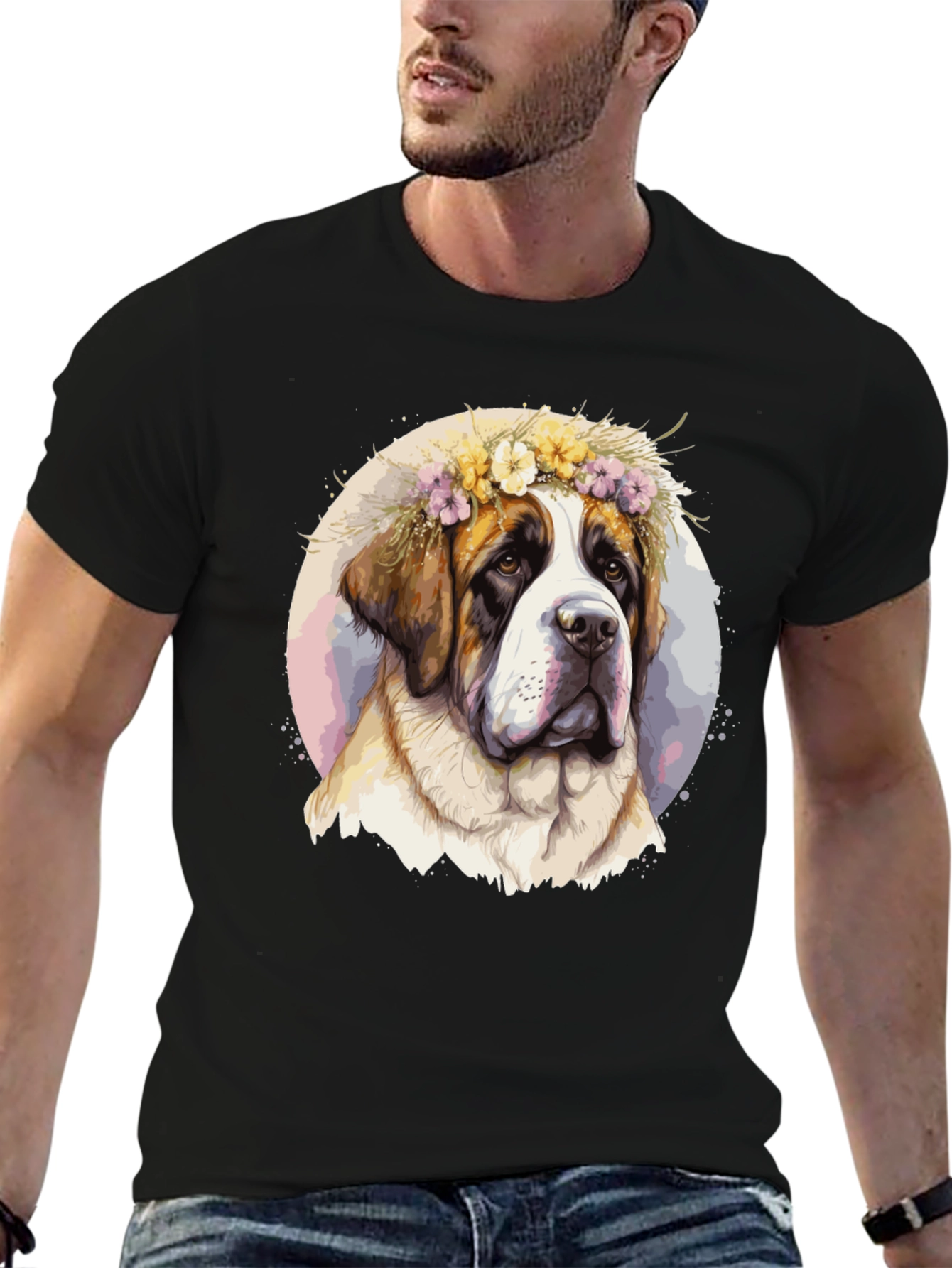Dog with Flower Crown Black T-Shirt