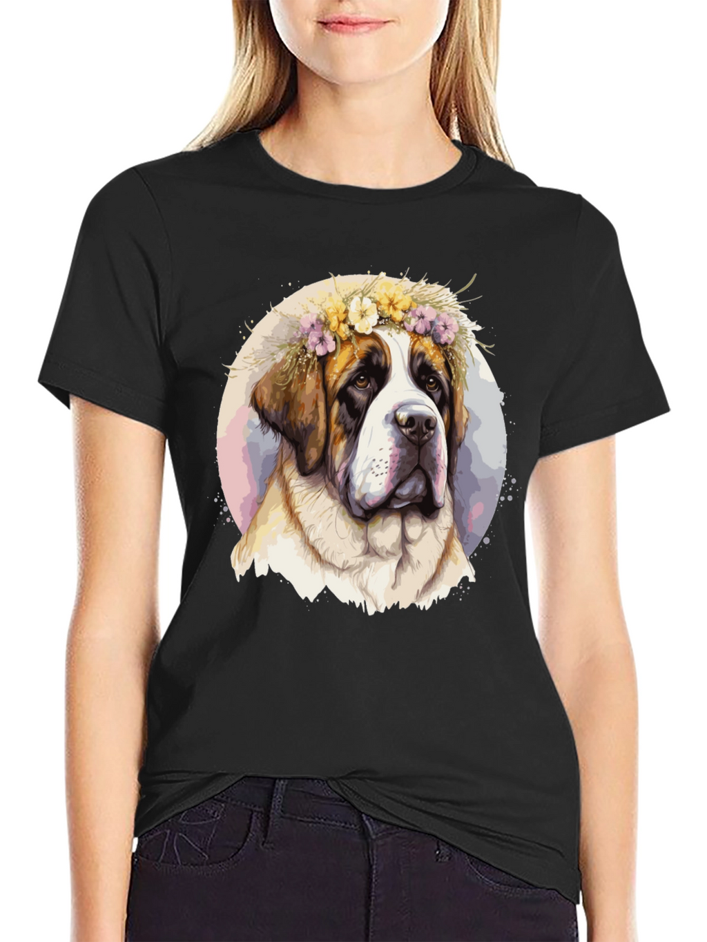 Dog with Flower Crown Black T-Shirt