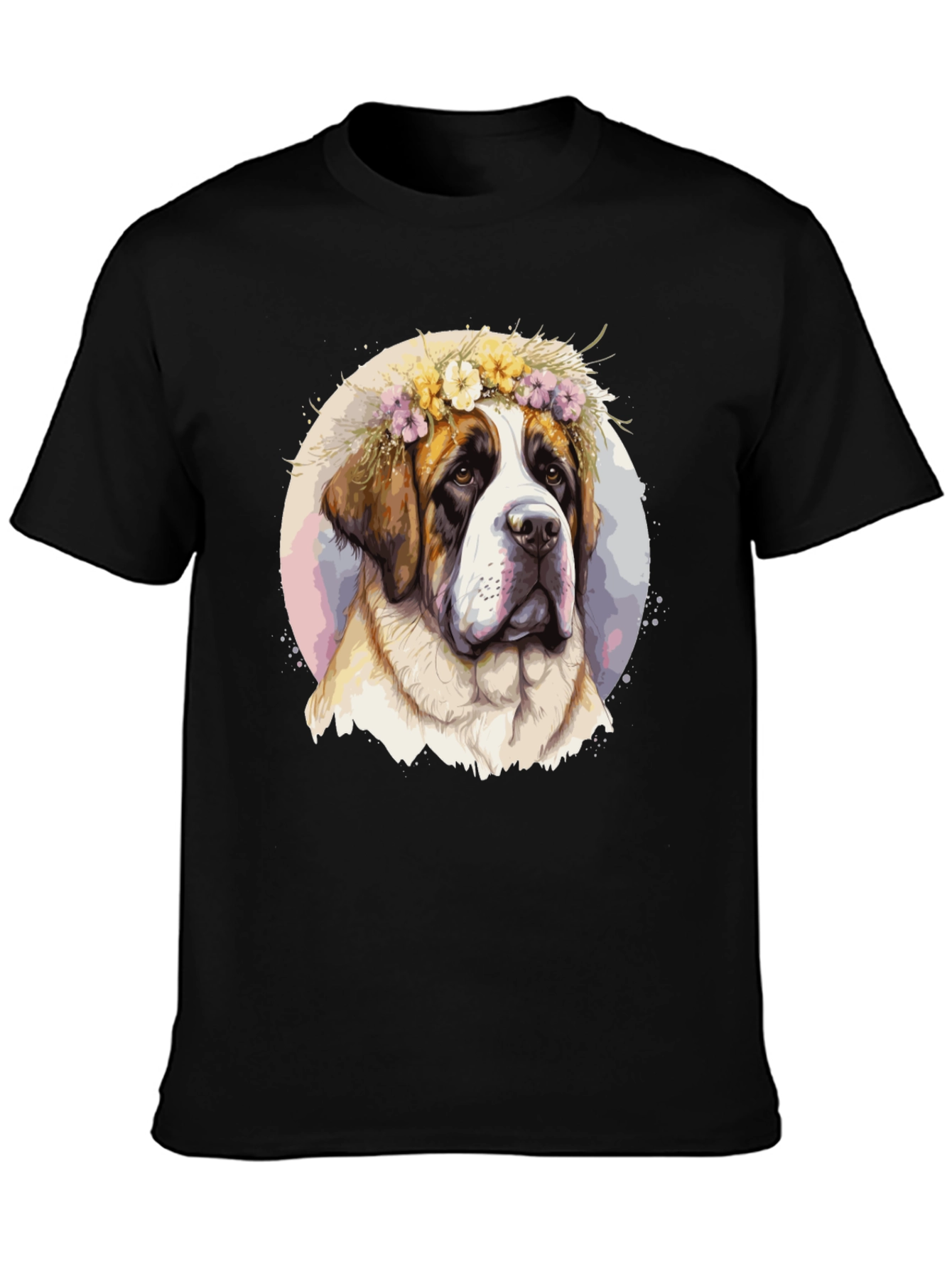 Dog with Flower Crown Black T-Shirt