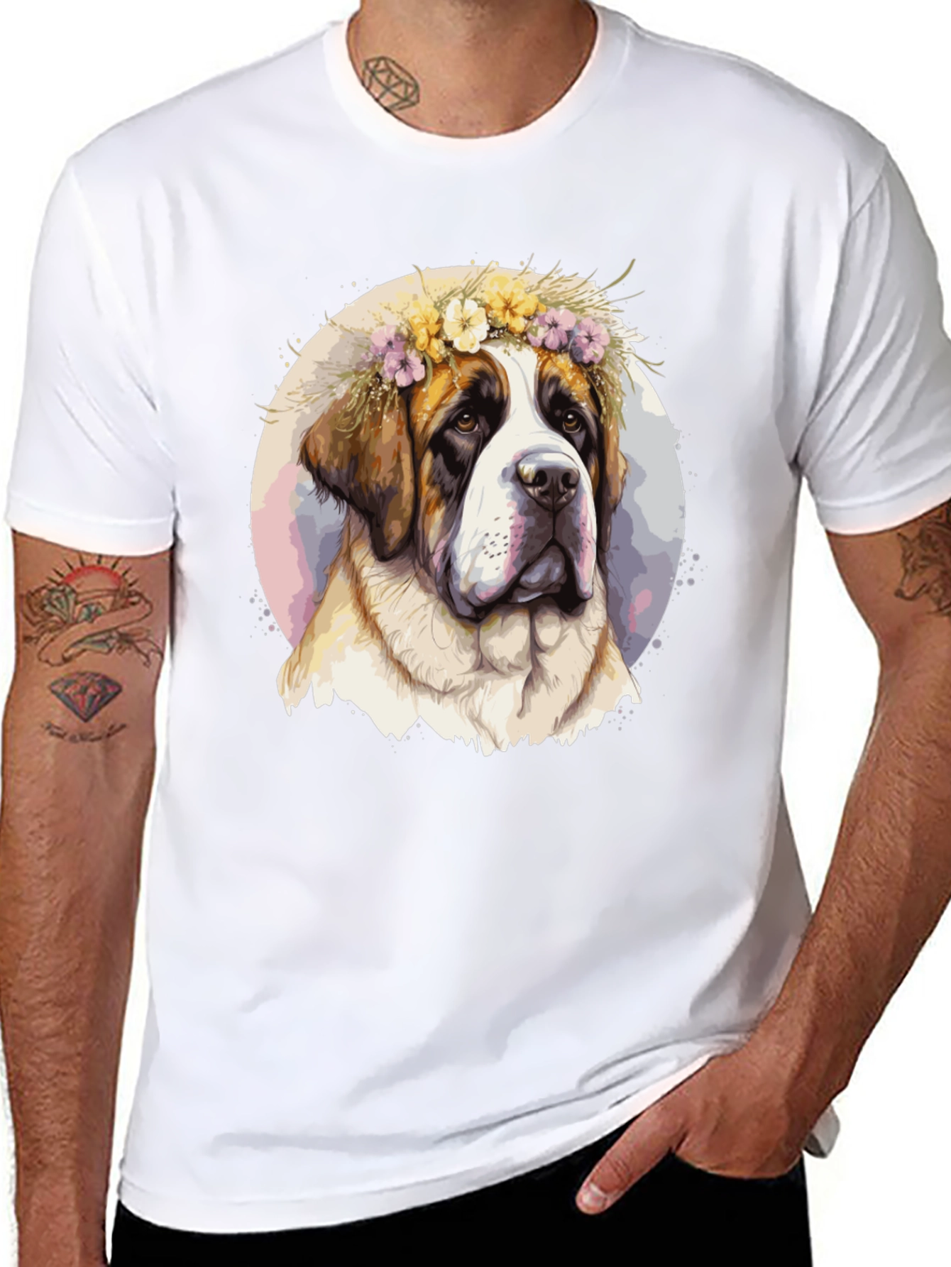Dog with Flower Crown Black T-Shirt