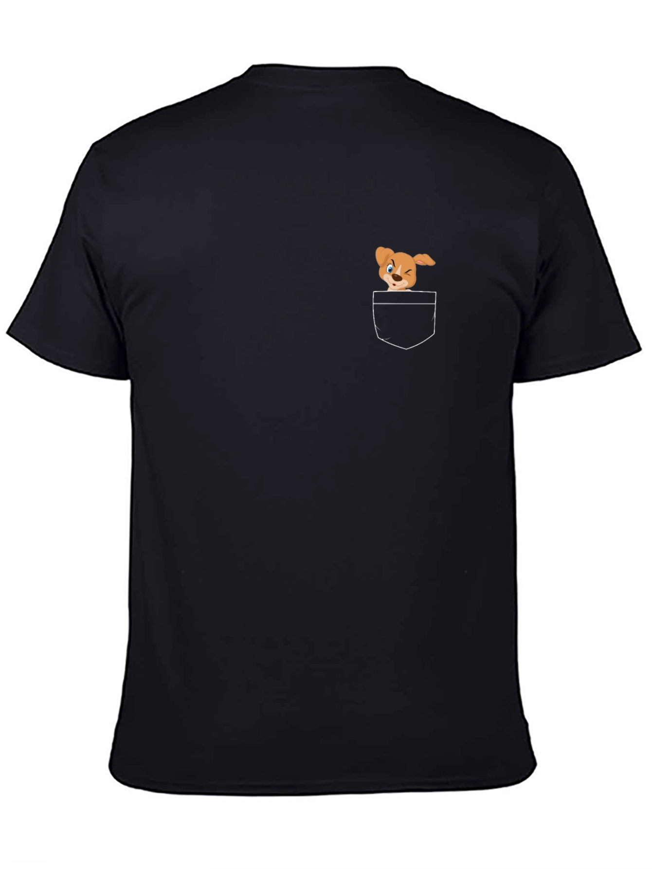 Black T-Shirt with Cute Cartoon Dog Pocket Design