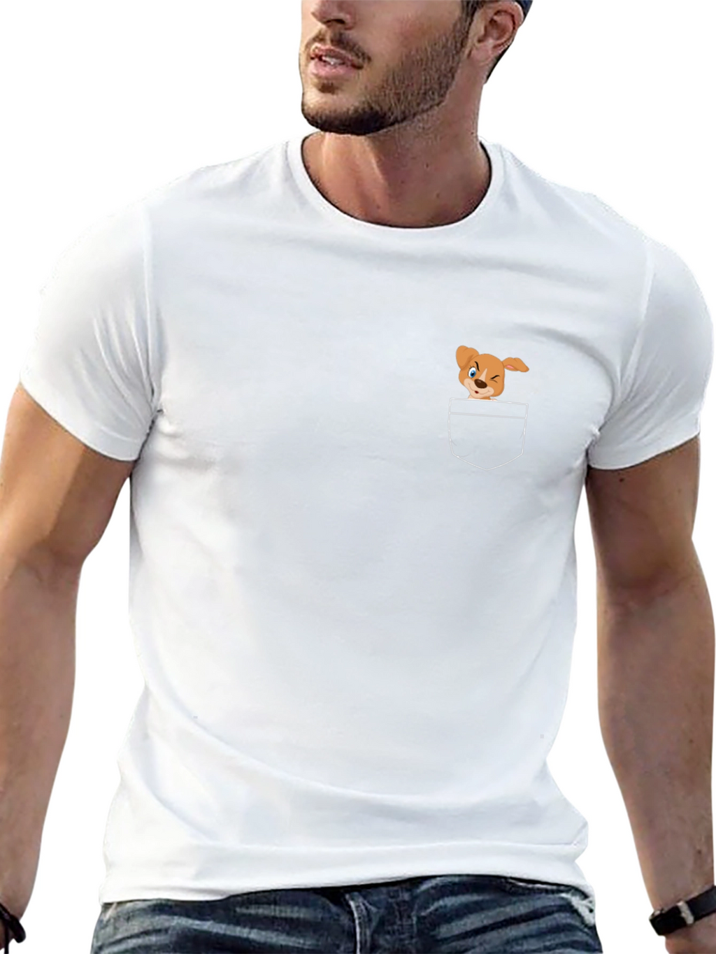 Black T-Shirt with Cute Cartoon Dog Pocket Design