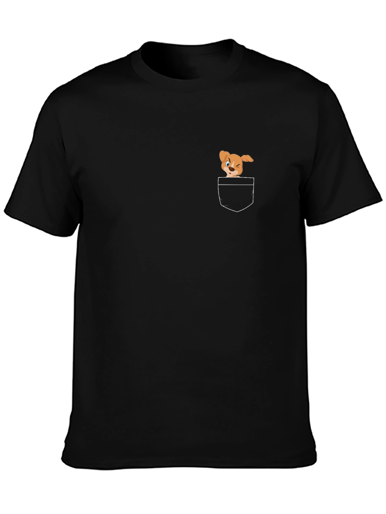Black T-Shirt with Cute Cartoon Dog Pocket Design