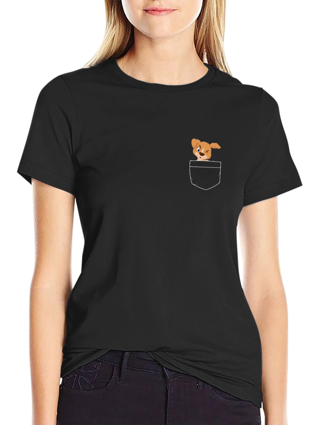 Black T-Shirt with Cute Cartoon Dog Pocket Design