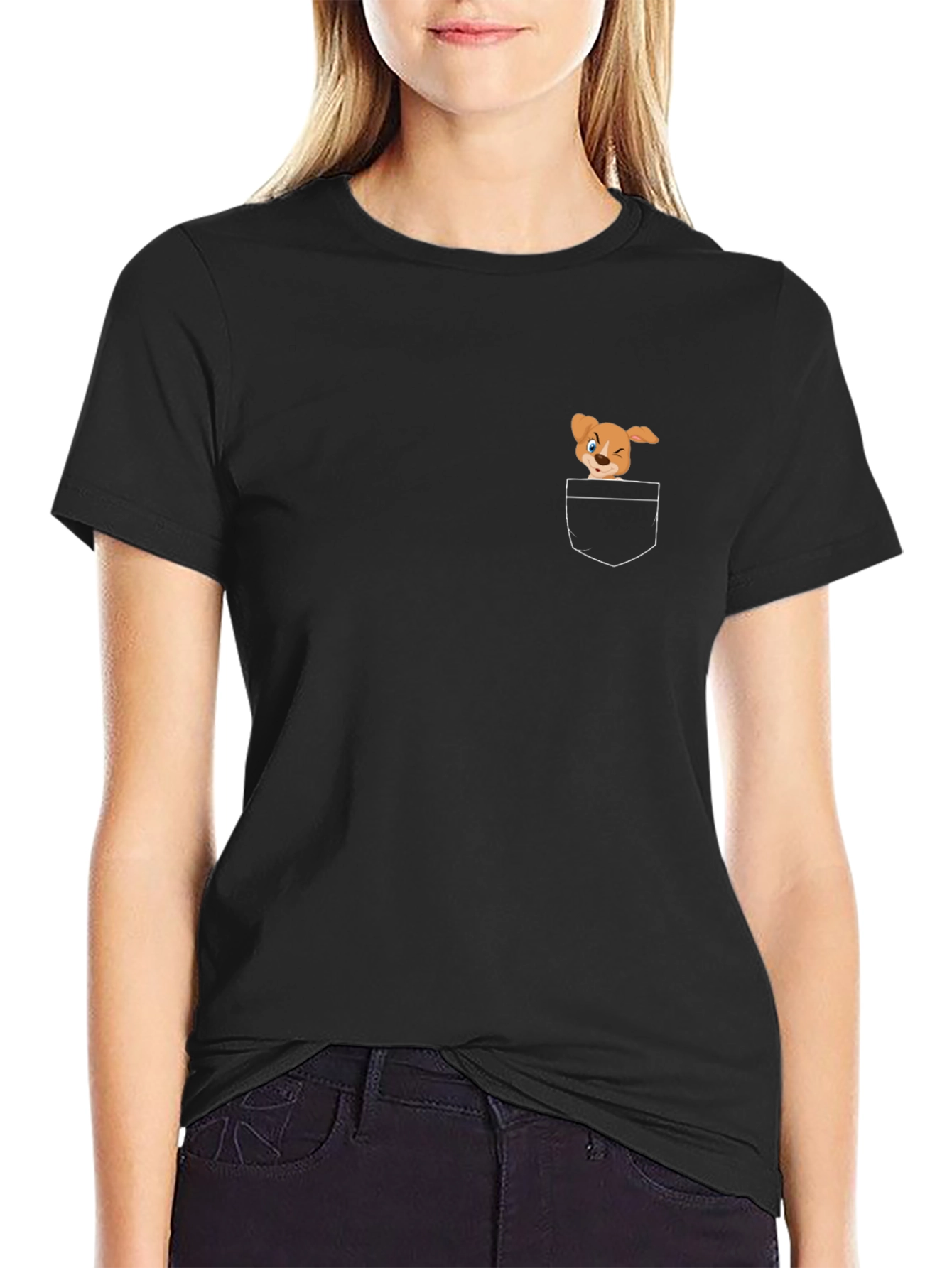 Black T-Shirt with Cute Cartoon Dog Pocket Design