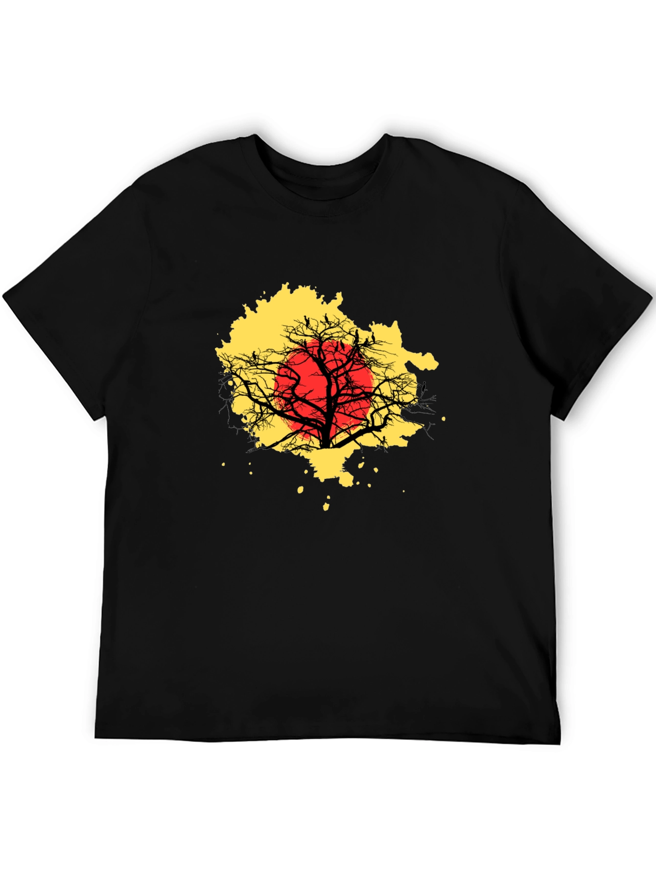 Black T-Shirt - Tree Silhouette & Red Sun Graphic Tee