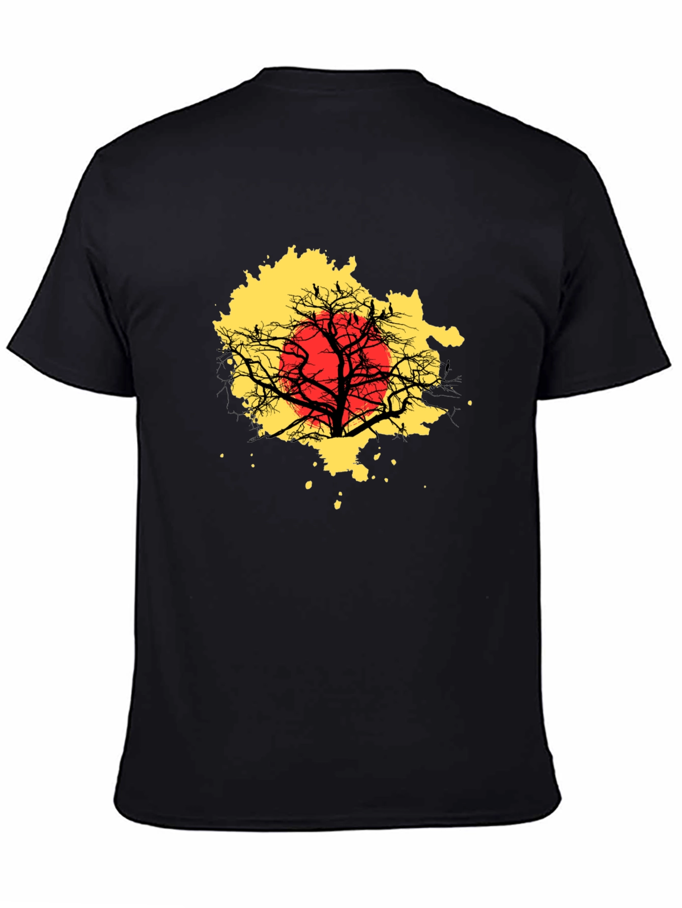 Black T-Shirt - Tree Silhouette & Red Sun Graphic Tee