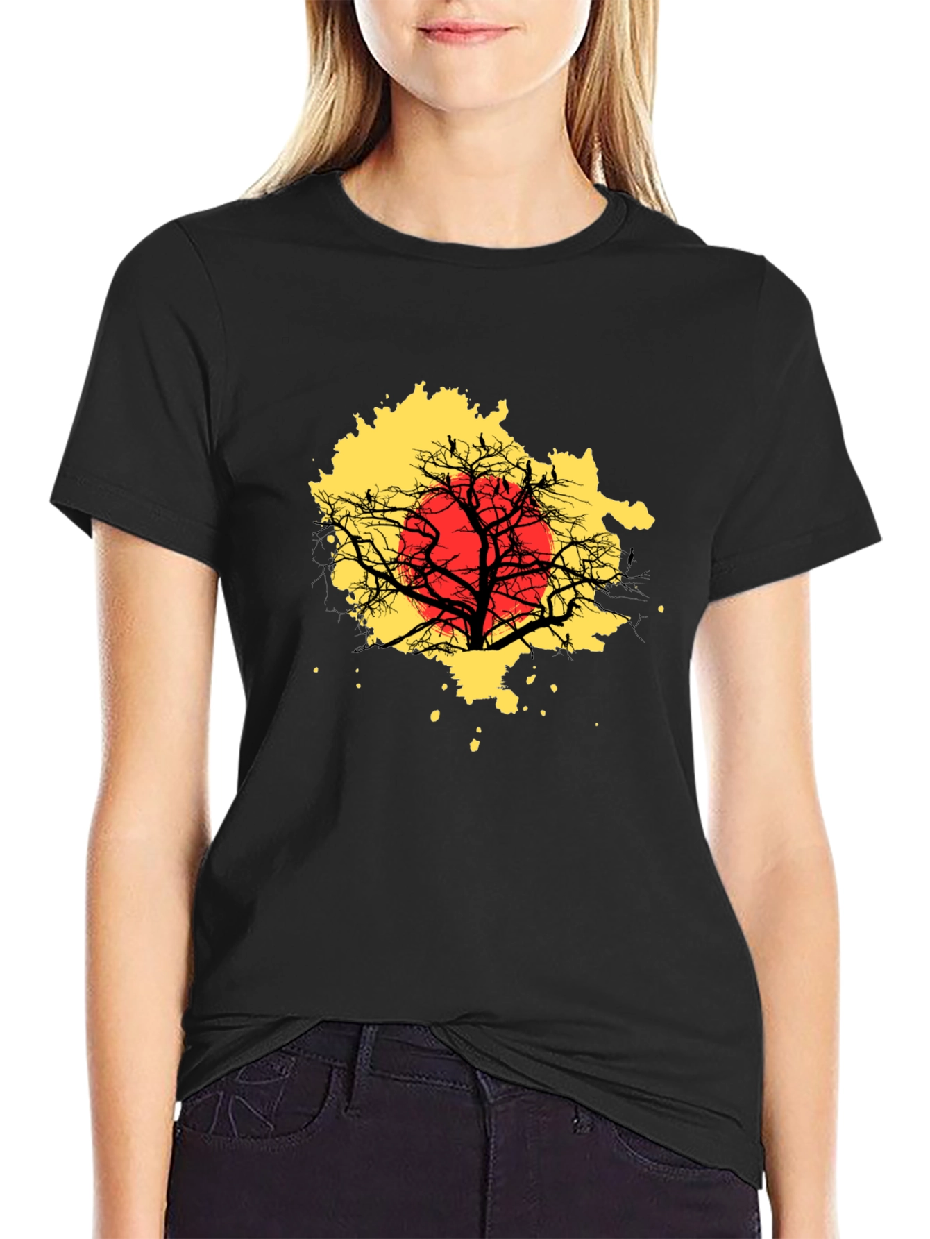 Black T-Shirt - Tree Silhouette & Red Sun Graphic Tee