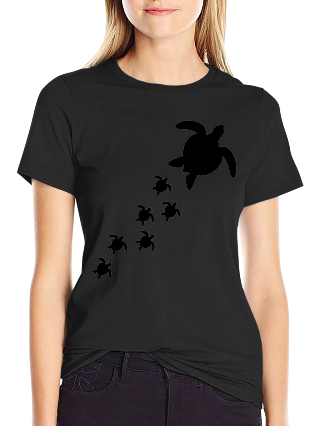 Turtle Family Graphic Tee - Black Cotton T-Shirt