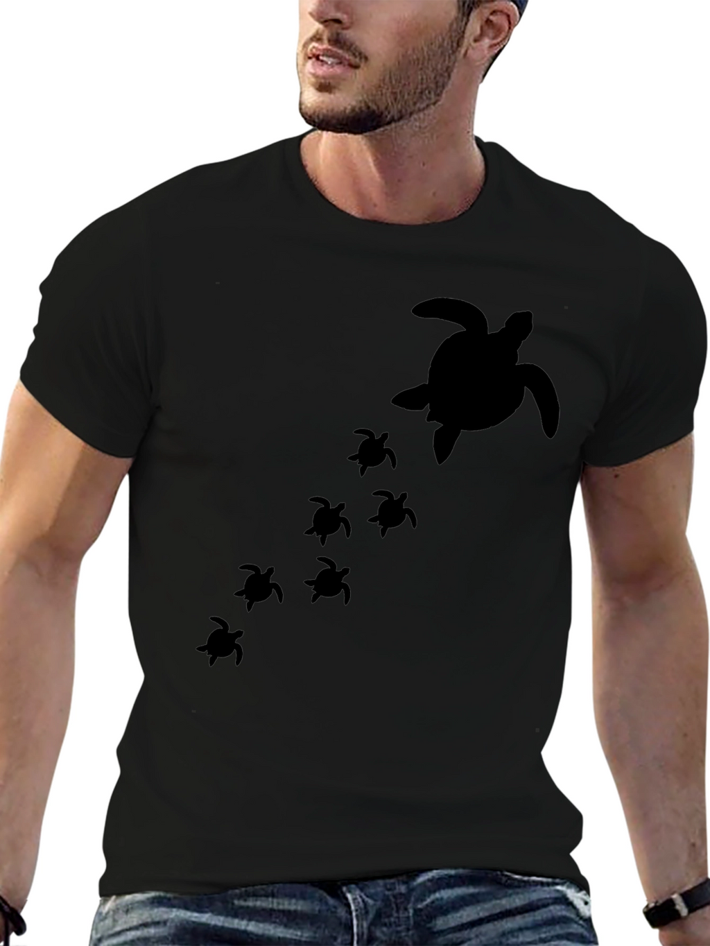 Turtle Family Graphic Tee - Black Cotton T-Shirt