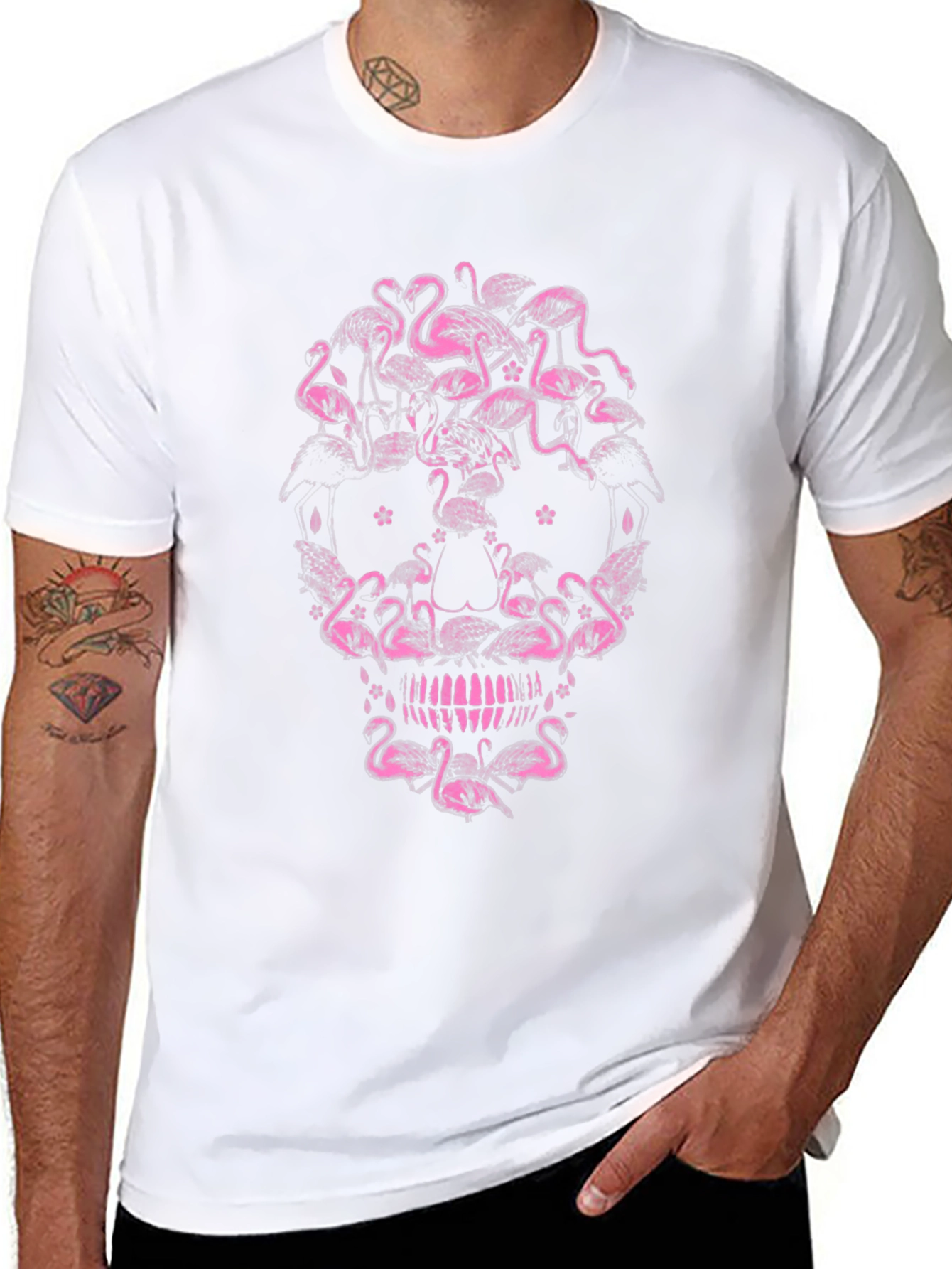Flamingo Skull Graphic Tee - Black Cotton T-Shirt