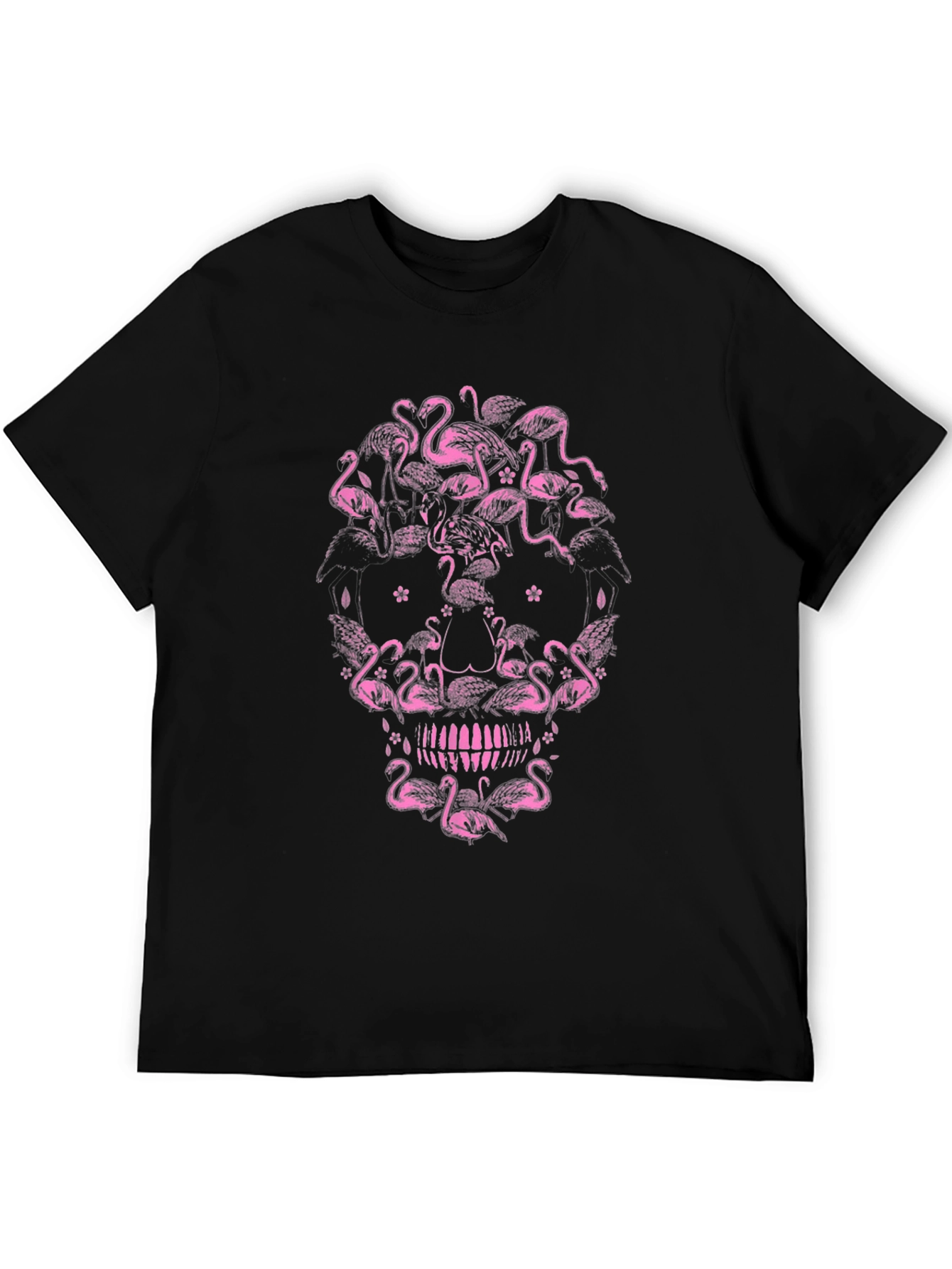 Flamingo Skull Graphic Tee - Black Cotton T-Shirt