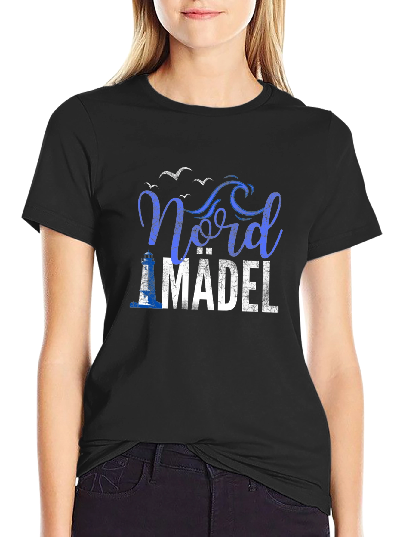 Nord Mädel Black Tee - Lighthouse & Seagulls Design